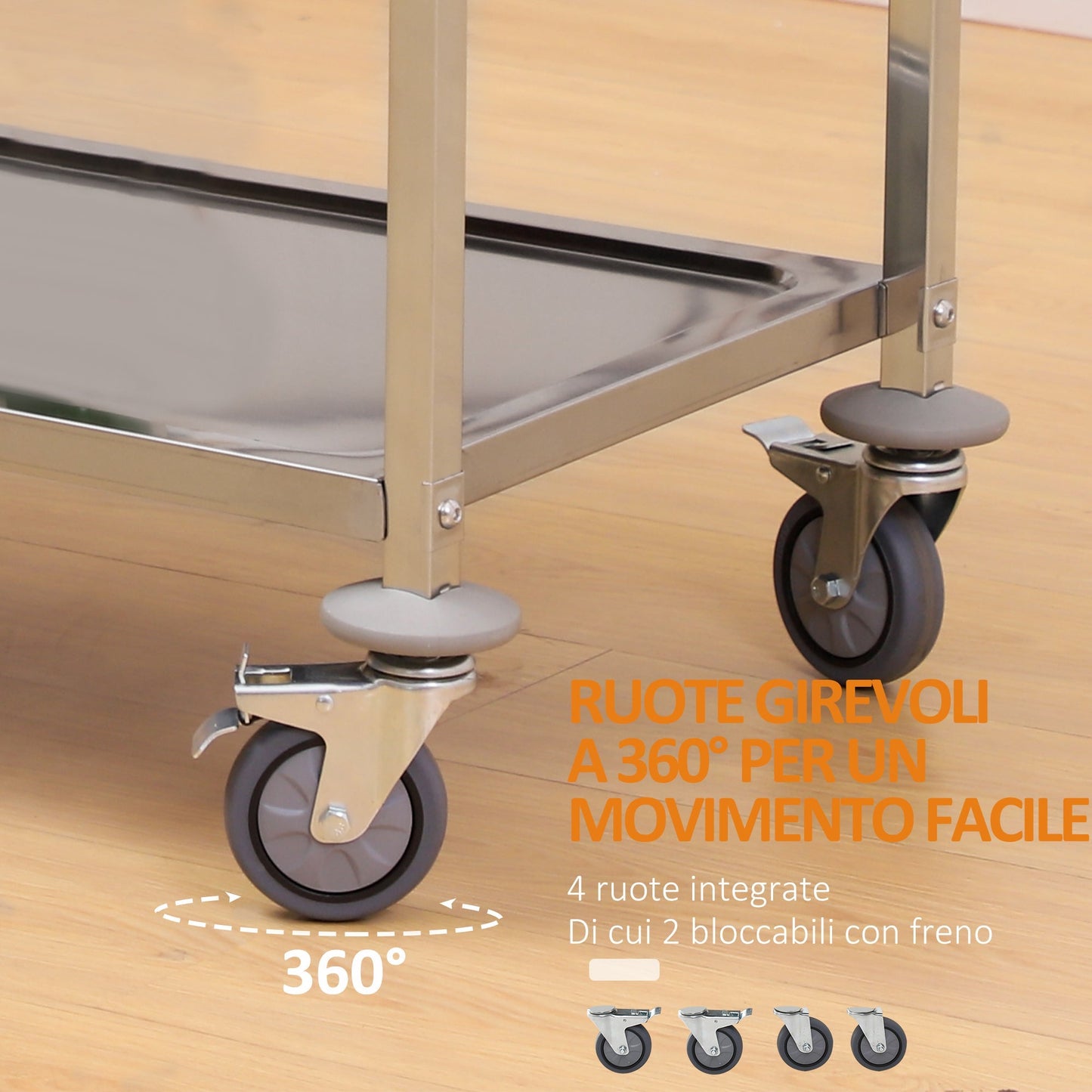 Restaurant / Hotel Kitchen Cart 3 Open Shelves 4 Omnidirectional Wheels with 2 Brakes Anti-Collision Bearings 430 Stainless Steel Silver 85x45x90cm
