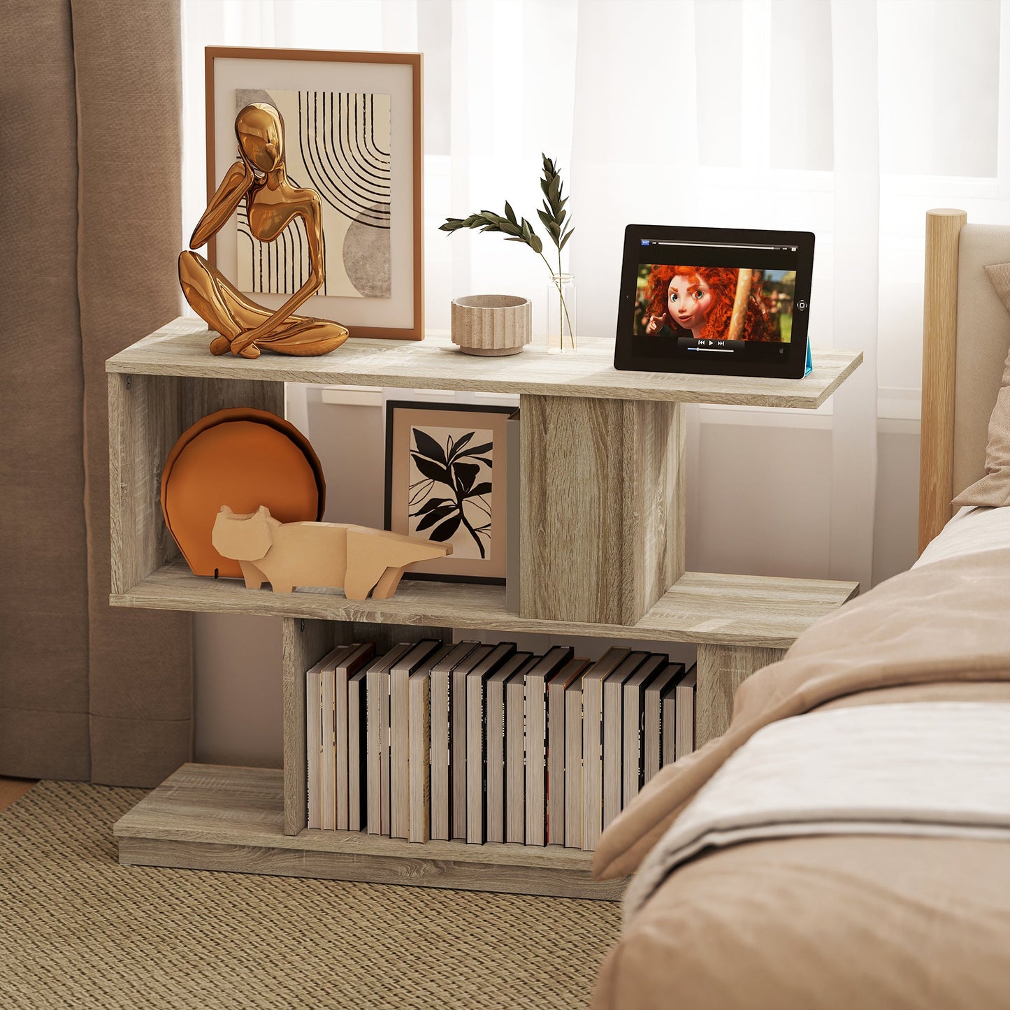 Modern S-Shaped Coffee Table with 3 Shelves for Living Room and Lounge, 90x30x61 cm, Wood