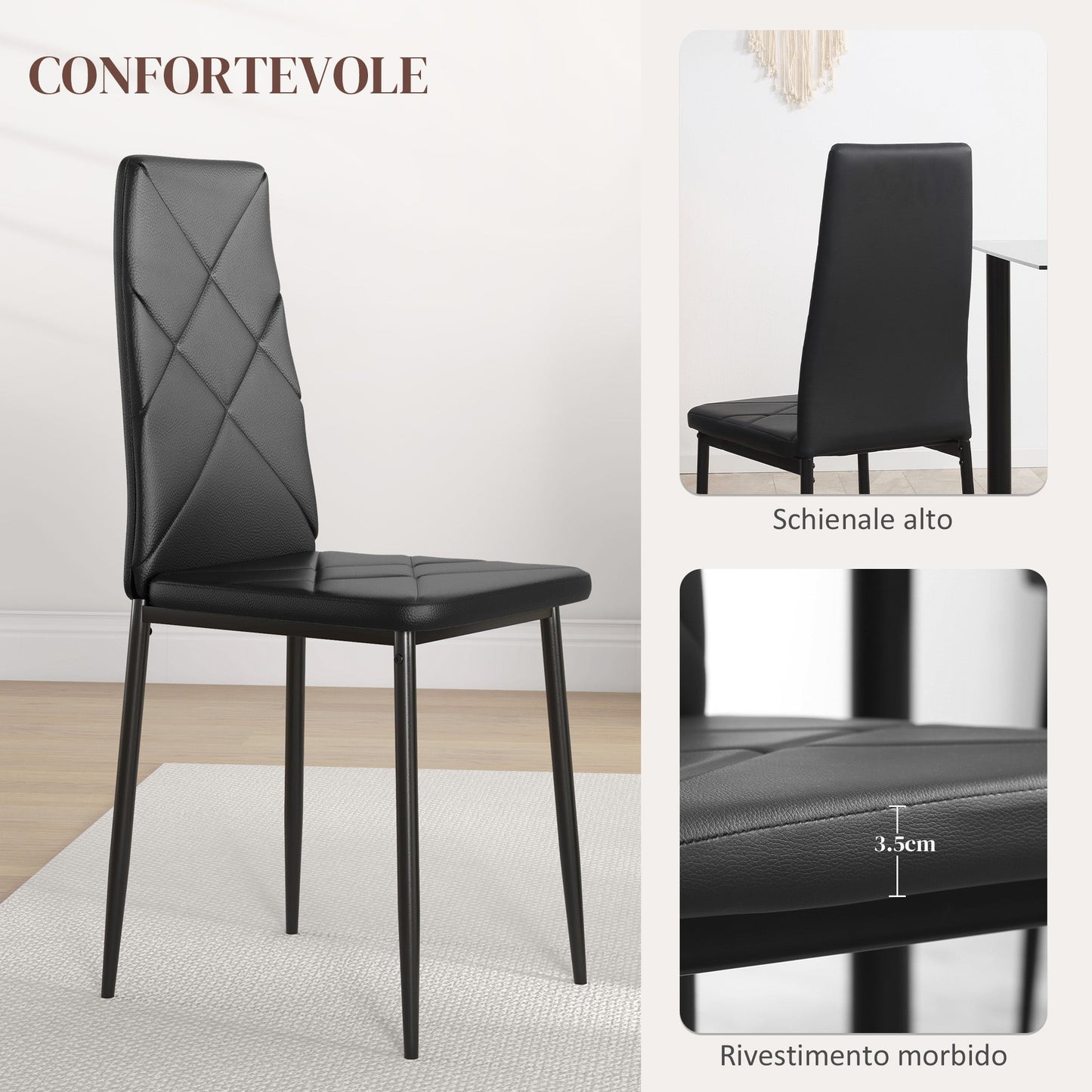Set of 2 Modern High Back Dining Chairs in Faux Leather and Steel, 41x50x97 cm, Black