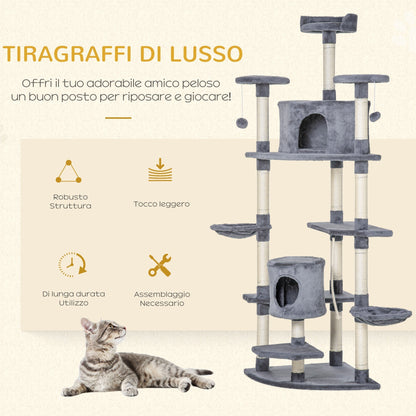 Cat Tree for cats with Scratch Pole, with houses and hammocks, 60x60x200cm, light Grey