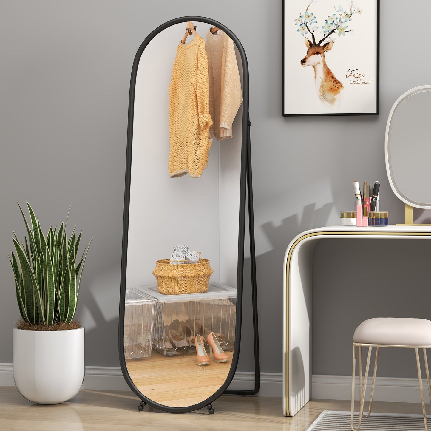 Full-Length Floor Mirror with Folding Stand, in Glass and Metal, 40x41x159 cm, Black
