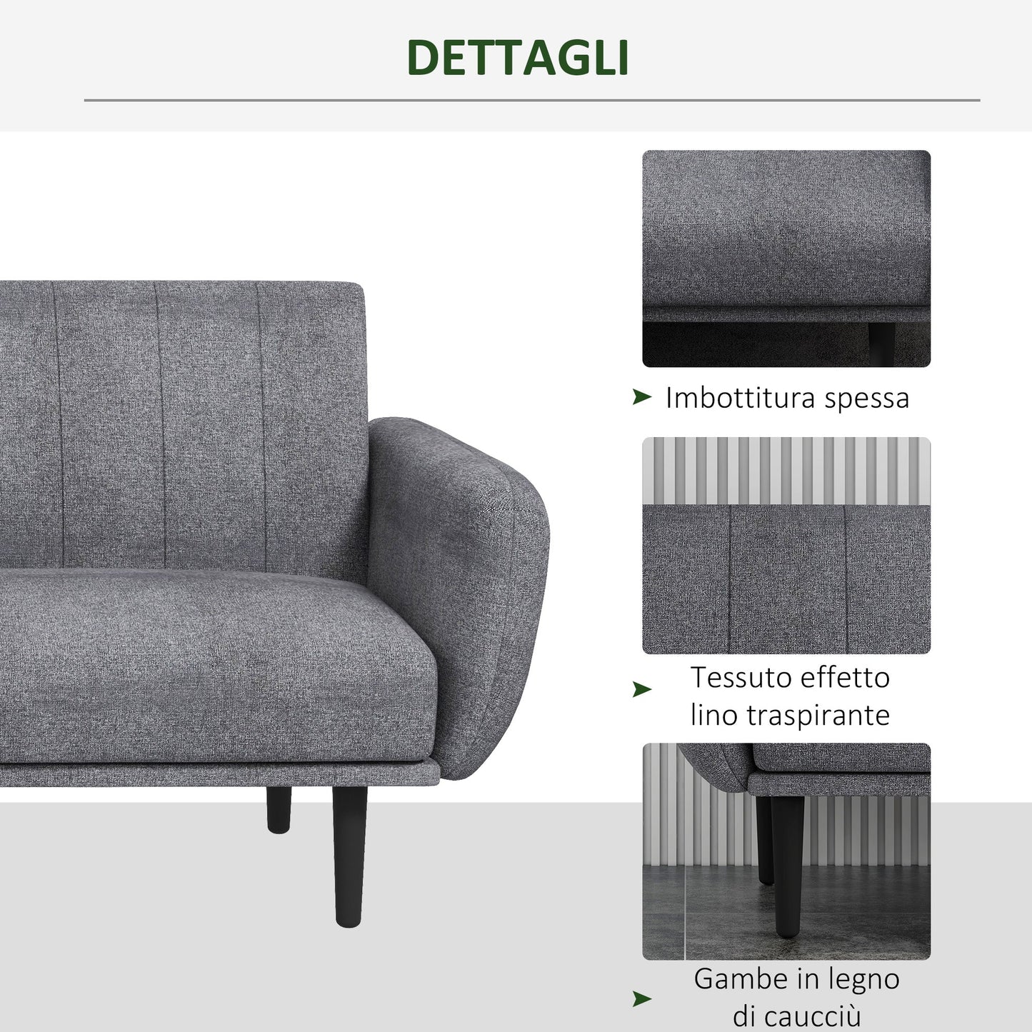 3 Seater Sofa Bed with 3-Level Reclining Backrest in Fabric, 208x84x82cm, Grey