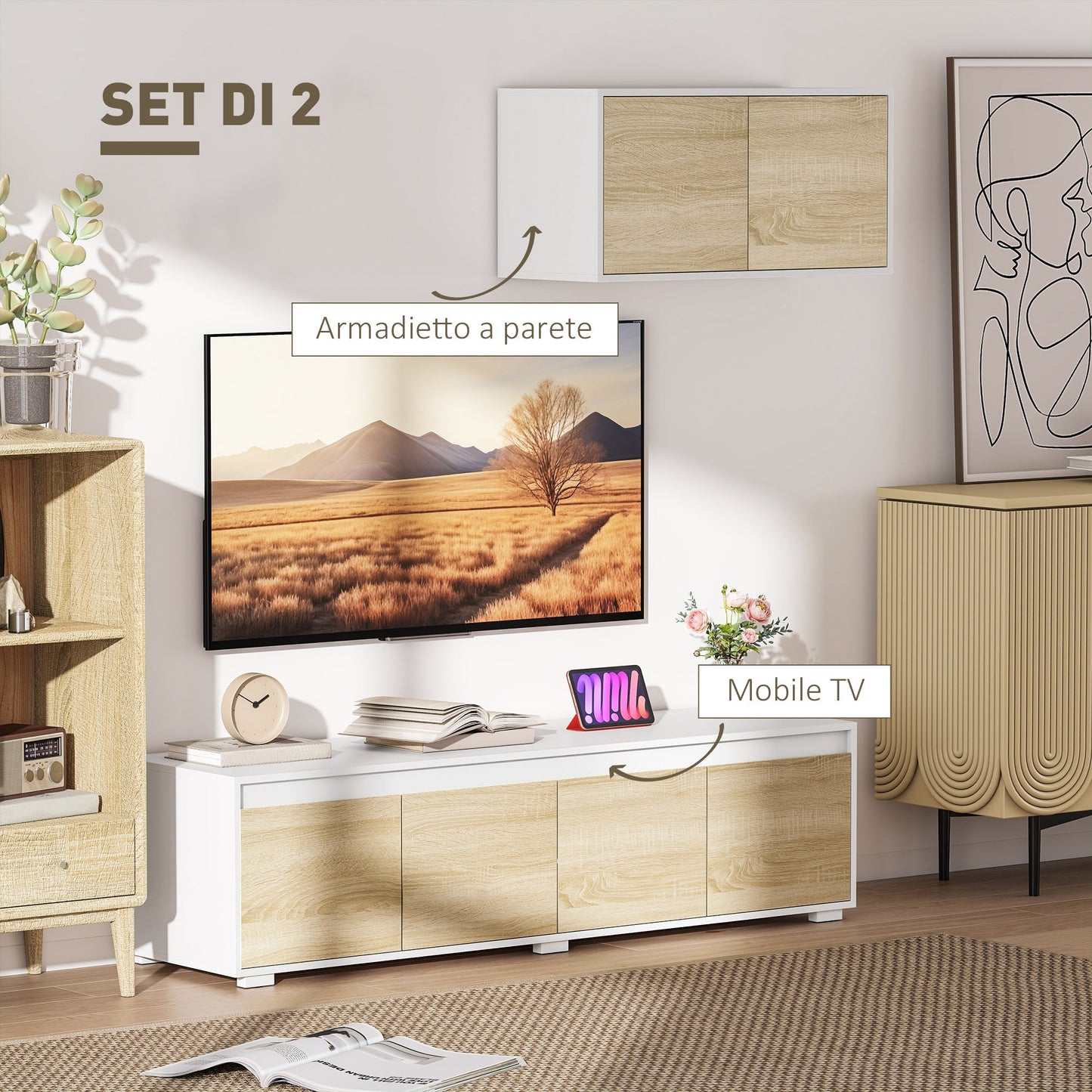 2-Piece Chipboard TV Stand, Max 70" 160x39x43 cm and Multipurpose Wall Unit 80x35x40 cm