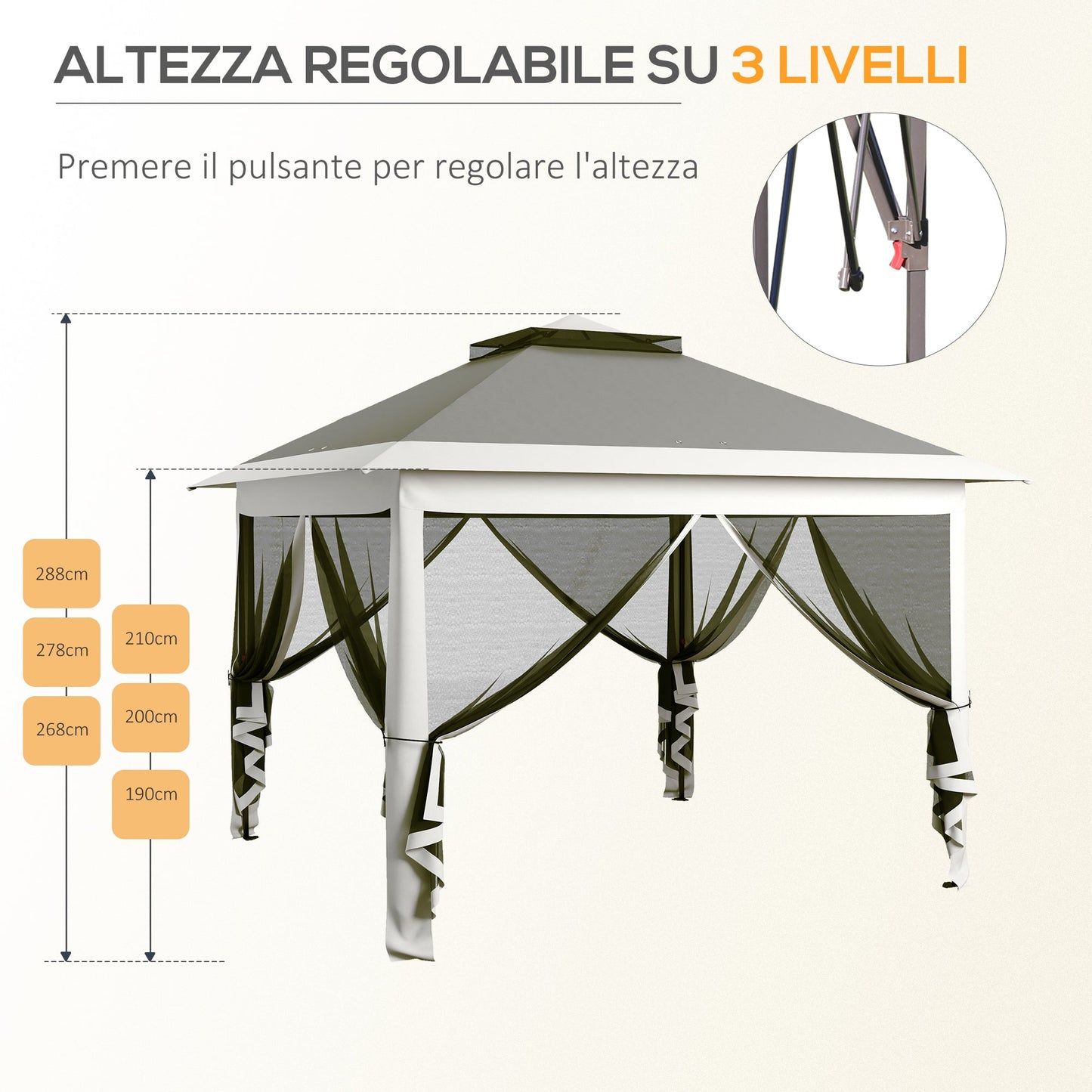 Height Adjustable Outdoor Gazebo with Mosquito Nets, in Metal and Oxford Fabric, 3.3x3.3x2.8 m, Dark Gray