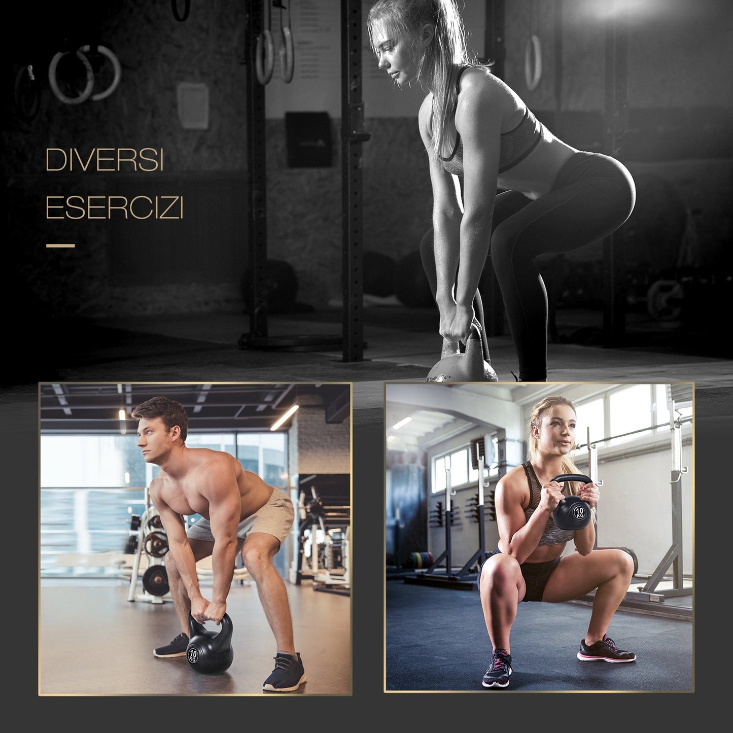 Kettlebell 10kg for Sports and Fitness with Flat Base and Handle, Kettlebell Weights in Plastic and Sand, 25x19x28 cm, Black