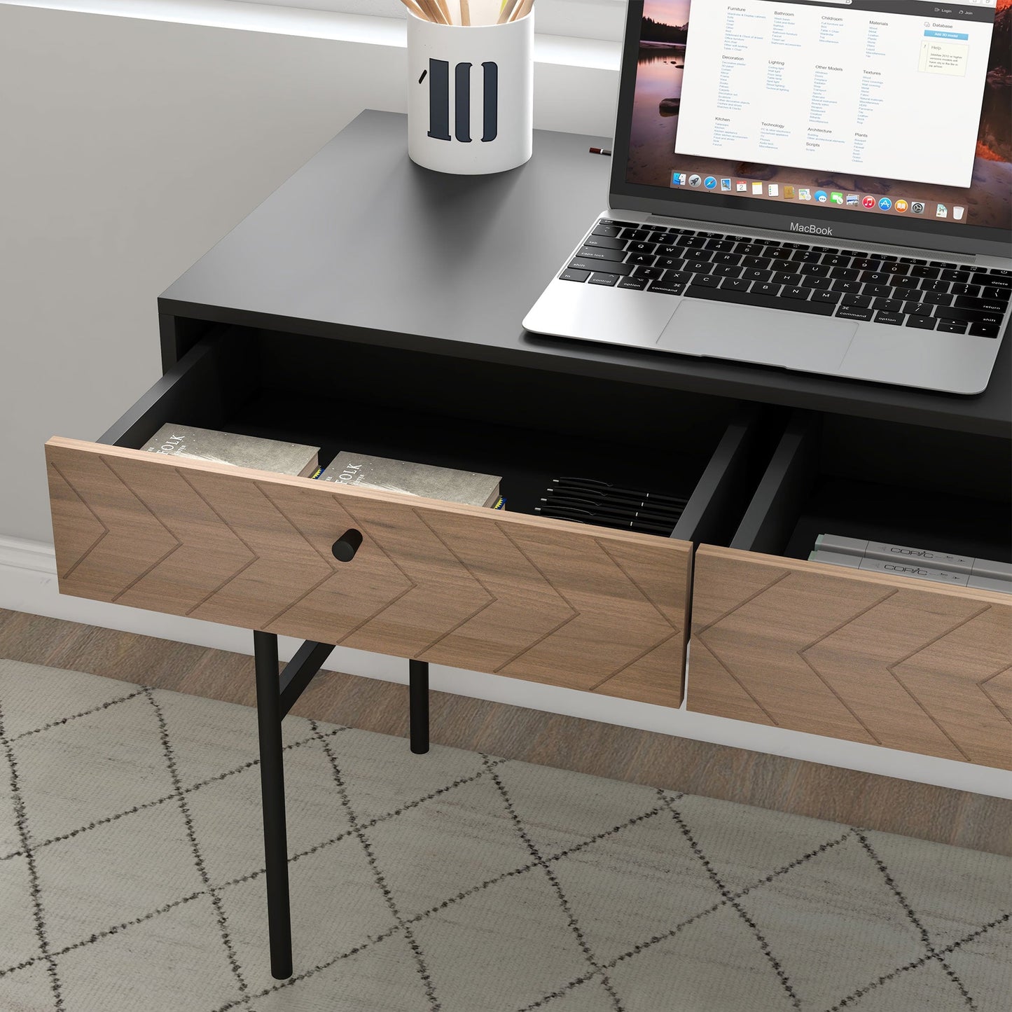 Modern Office Desk with 2 Drawers, Steel and MDF, 106x50x77 cm, Black and Oak