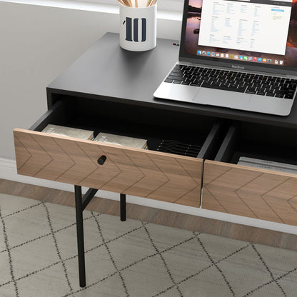 Modern Office Desk with 2 Drawers, Steel and MDF, 106x50x77 cm, Black and Oak