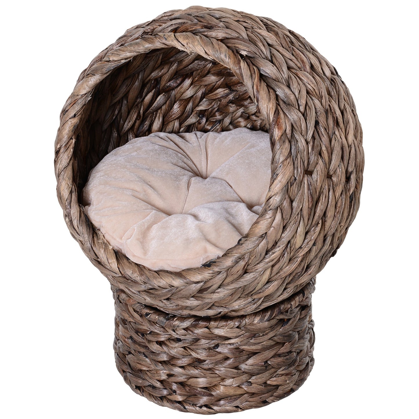 Raised Cat Bed with Cushion, Natural Banana Leaf House, Beige and Brown, 42x33x52cm