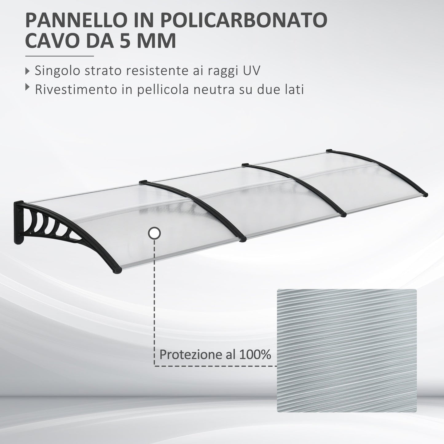 Modern Canopy in Polycarbonate, Aluminum and PP for Balconies, Windows and Doors, 303x96x27 cm, Black and Transparent