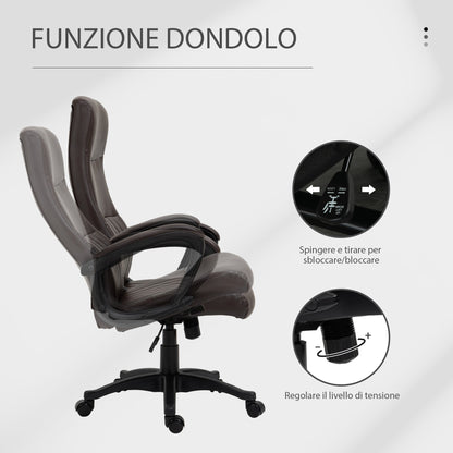 Ergonomic Office Chair, Swivel Chair with High Back and Rocking, Adjustable Height and Wheels, 61.5x66x113-123cm, Brown