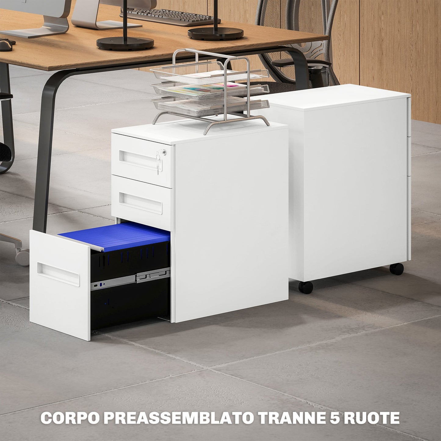 Steel Document Holder on 5 Wheels with 2 Drawers and Pen Tray, 30x43.5x60 cm, White