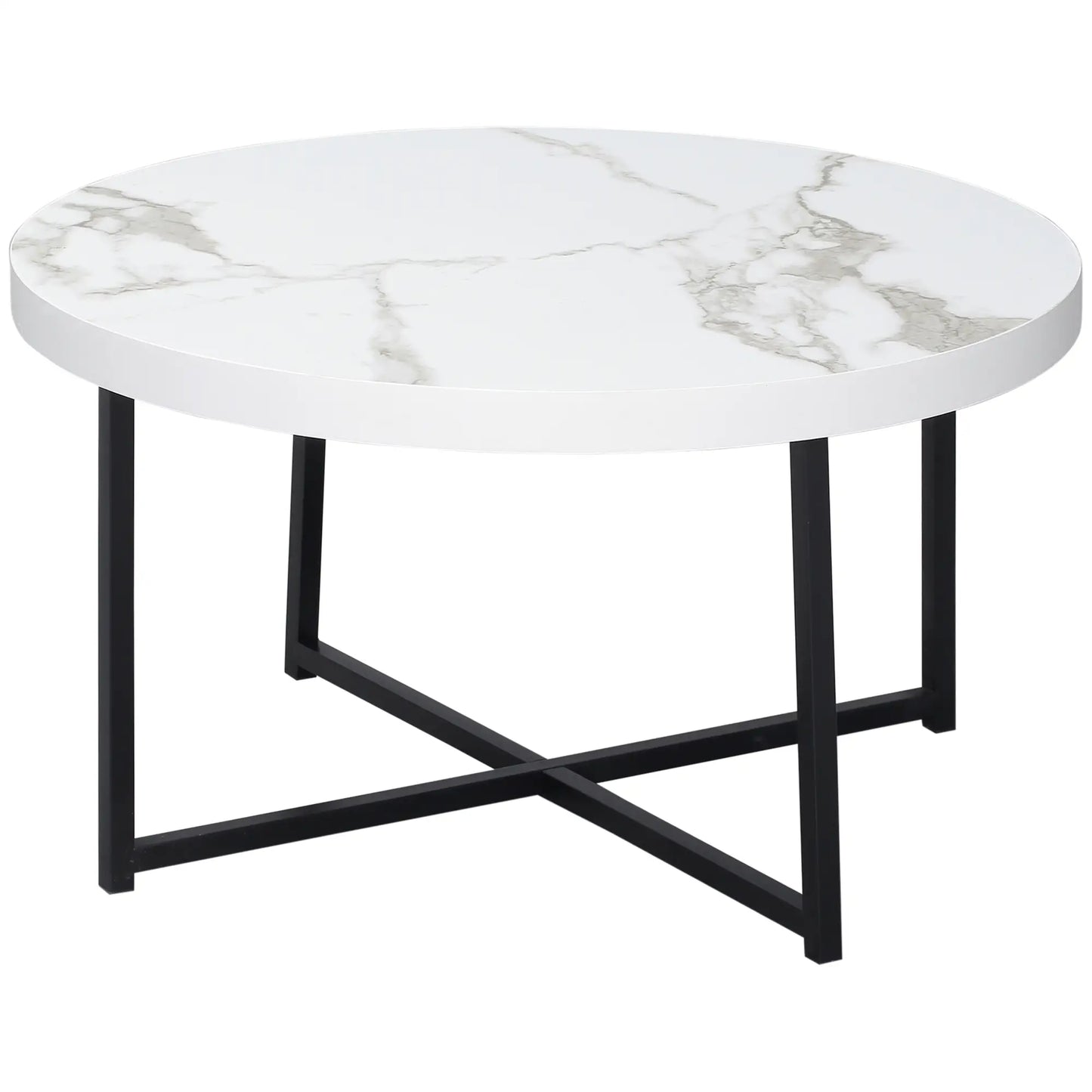 Round Coffee Table with Marble Effect MDF Top and Metal Legs, Φ80x45 cm, White