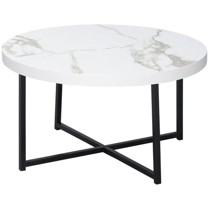 Round Coffee Table with Marble Effect MDF Top and Metal Legs, Φ80x45 cm, White