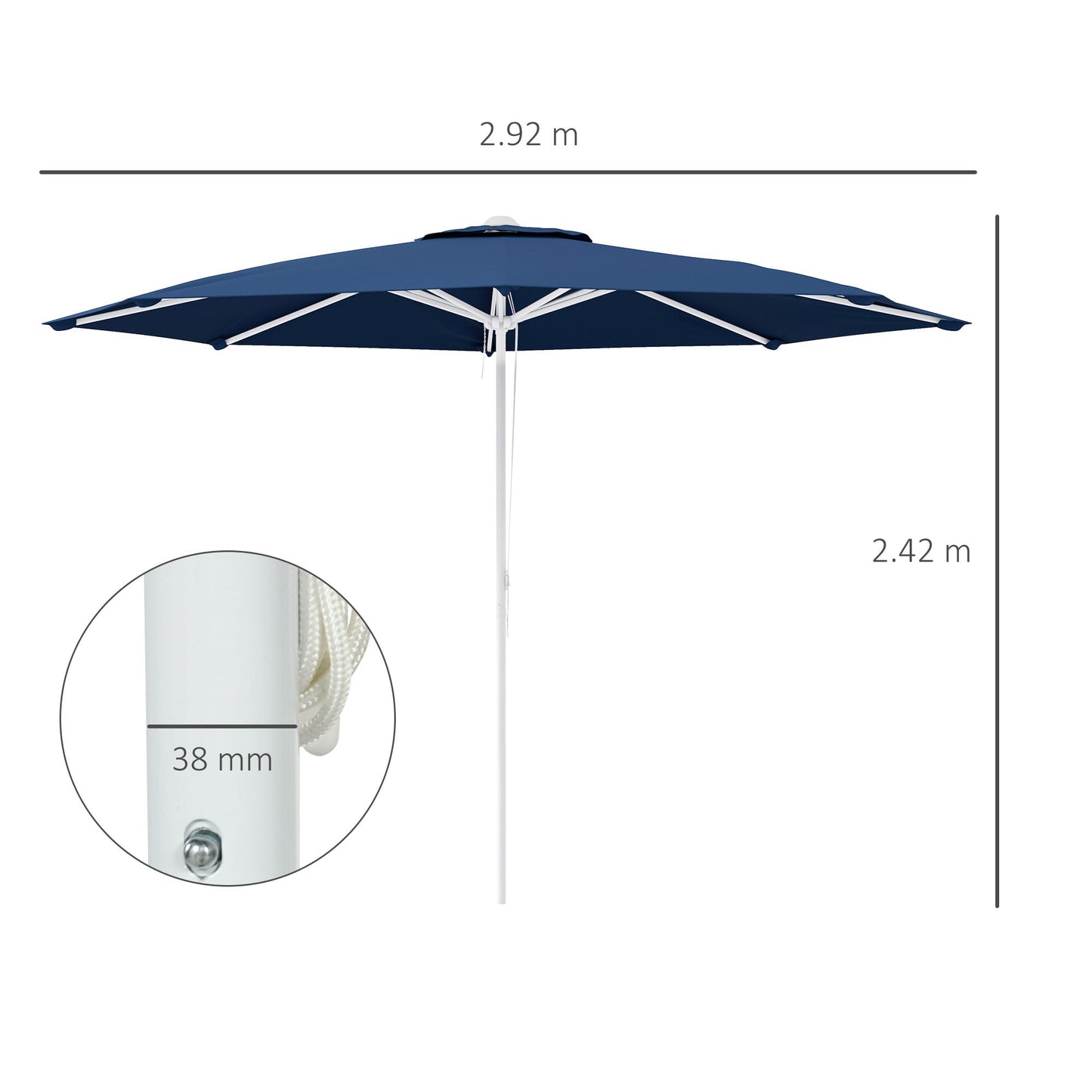 Adjustable Height Garden Umbrella in Metal and Polyester, Ø292x242 cm, Dark Blue