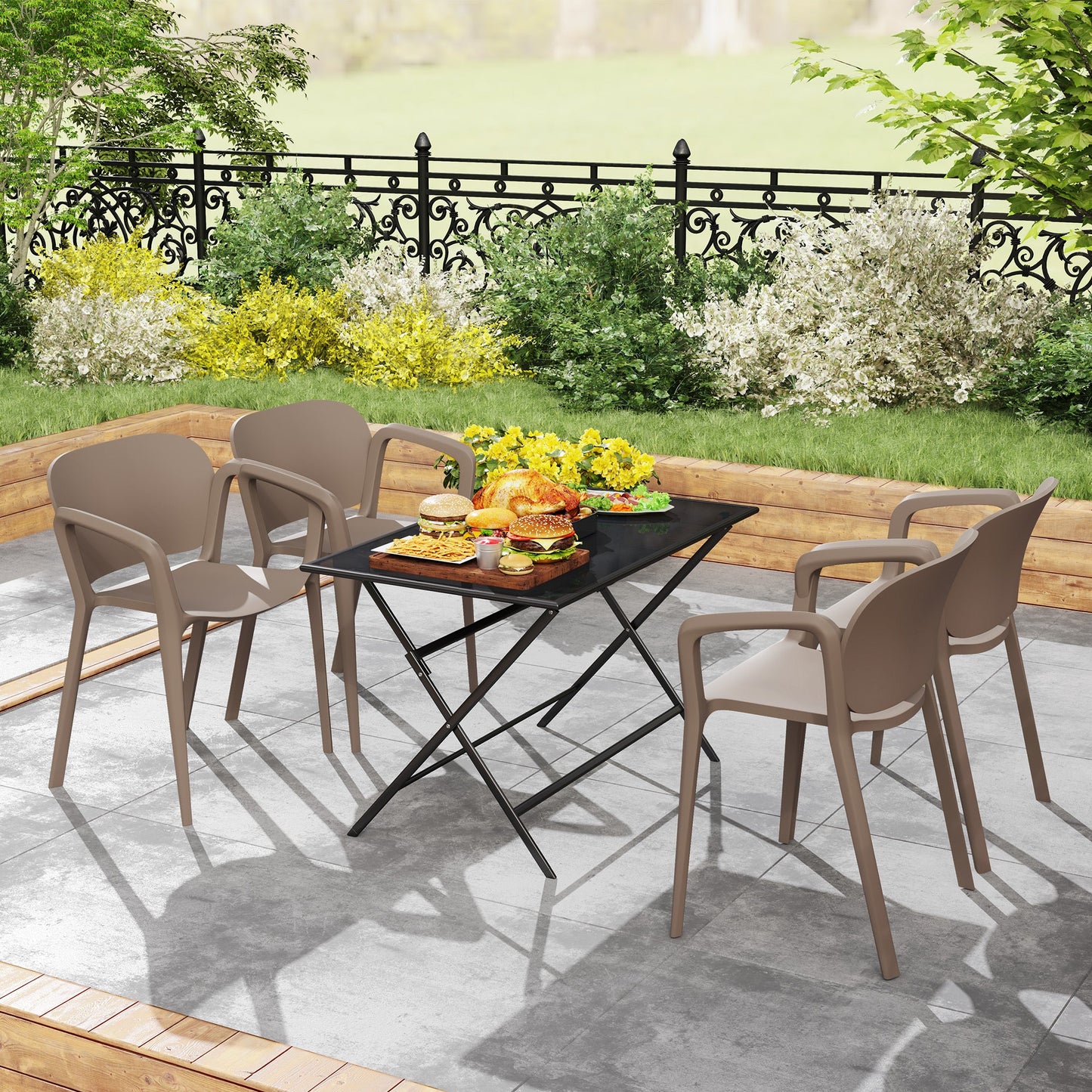 Set of 4 Stackable Garden Chairs in Modern Plastic with Armrests 60x56x75 cm, Grey