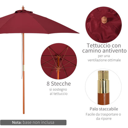2.5x2.5m Garden Umbrella with Red Polyester Windproof Canopy and Wooden Pole