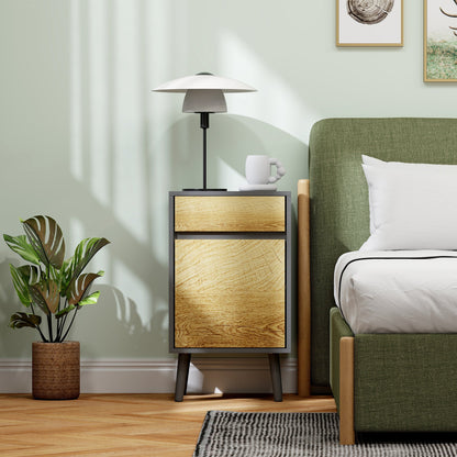 Modern Handleless Nightstand with Drawer and Cabinet, 40x39x69 cm, Dark Grey and Wood