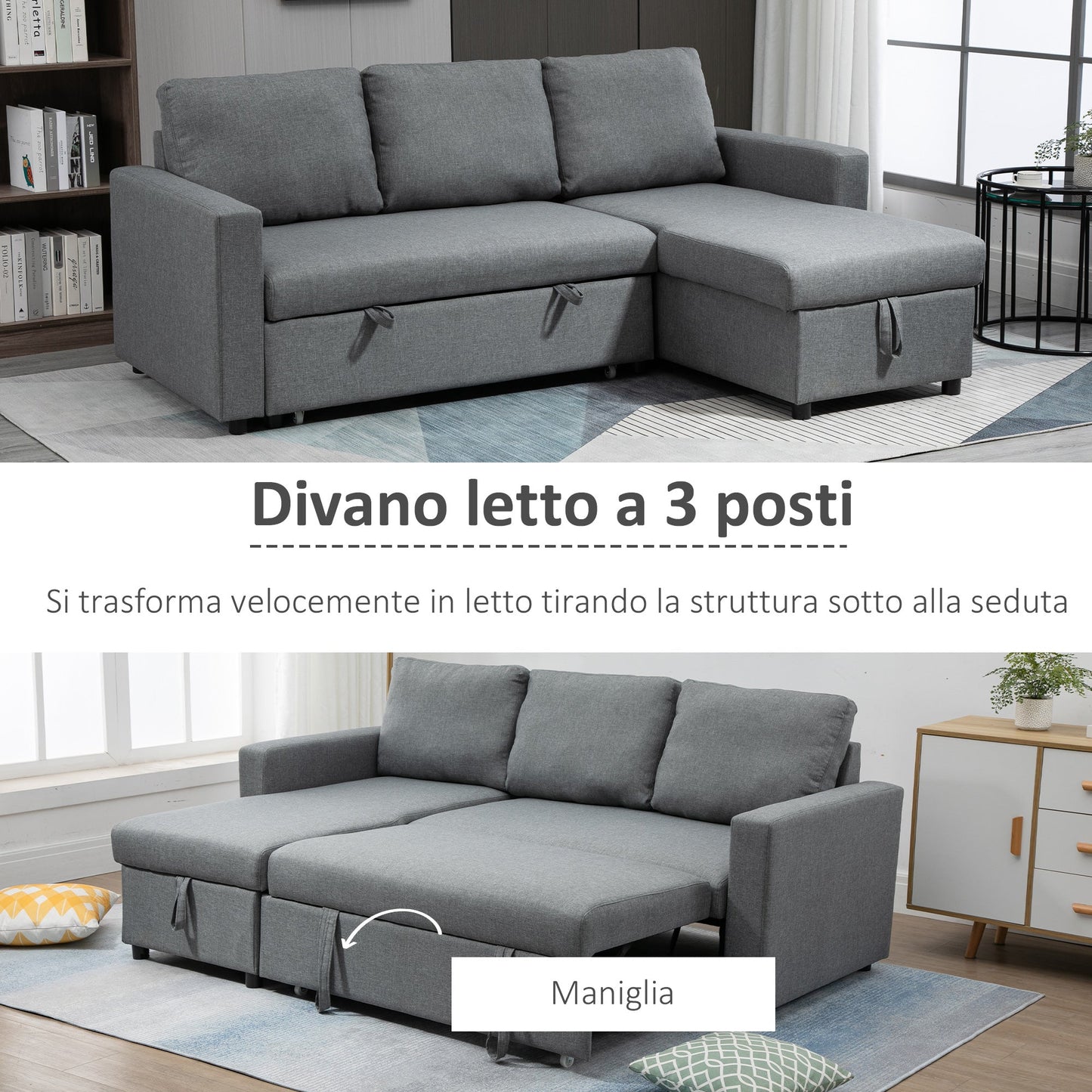 sofa bed 3 seats and peninsula with container, linen effect fabric covering, 211.5x146x85cm