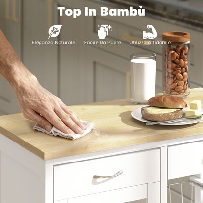 Bamboo Kitchen Cart with 2 Drawers, Cabinet, Shelf and 2 Steel Baskets, 67x35x80 cm, White