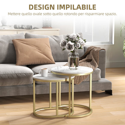 Set of 2 Coffee Tables with Marble Effect Top, in Wood and Steel, Ø50x50.5 cm and 60x36x43.5 cm, White