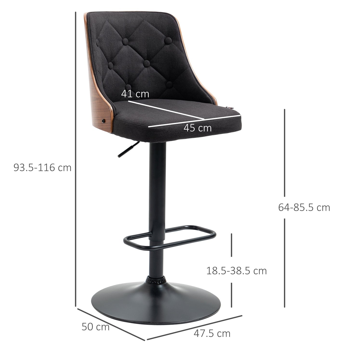VENERA | Set of 2 Swivel Bar Stools with Adjustable Height for Kitchen and Living Room, 47.5x50x93.5-116 cm, Black and Walnut