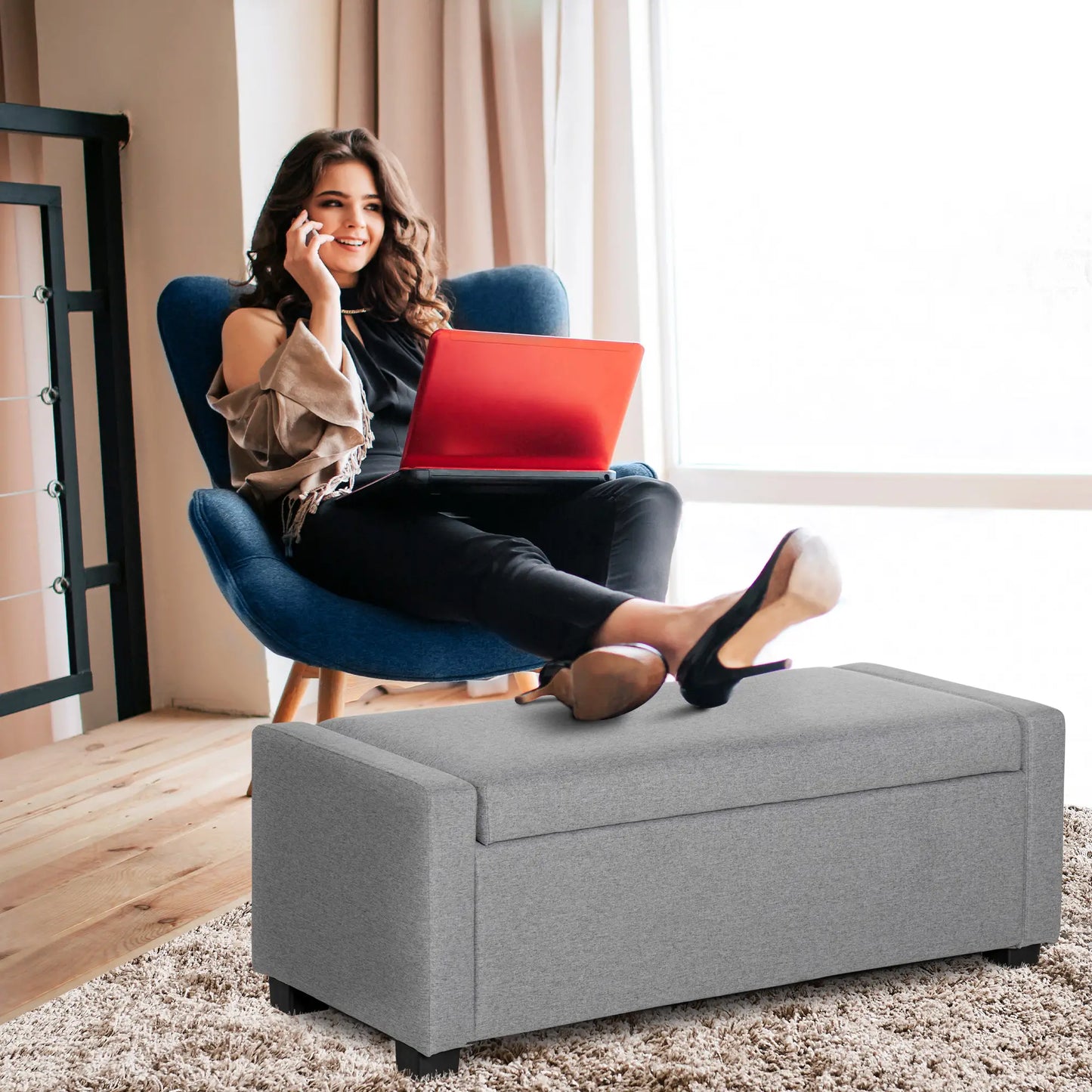 Fabric Bedside Bench with Storage Compartment, 120x50x44cm - Grey