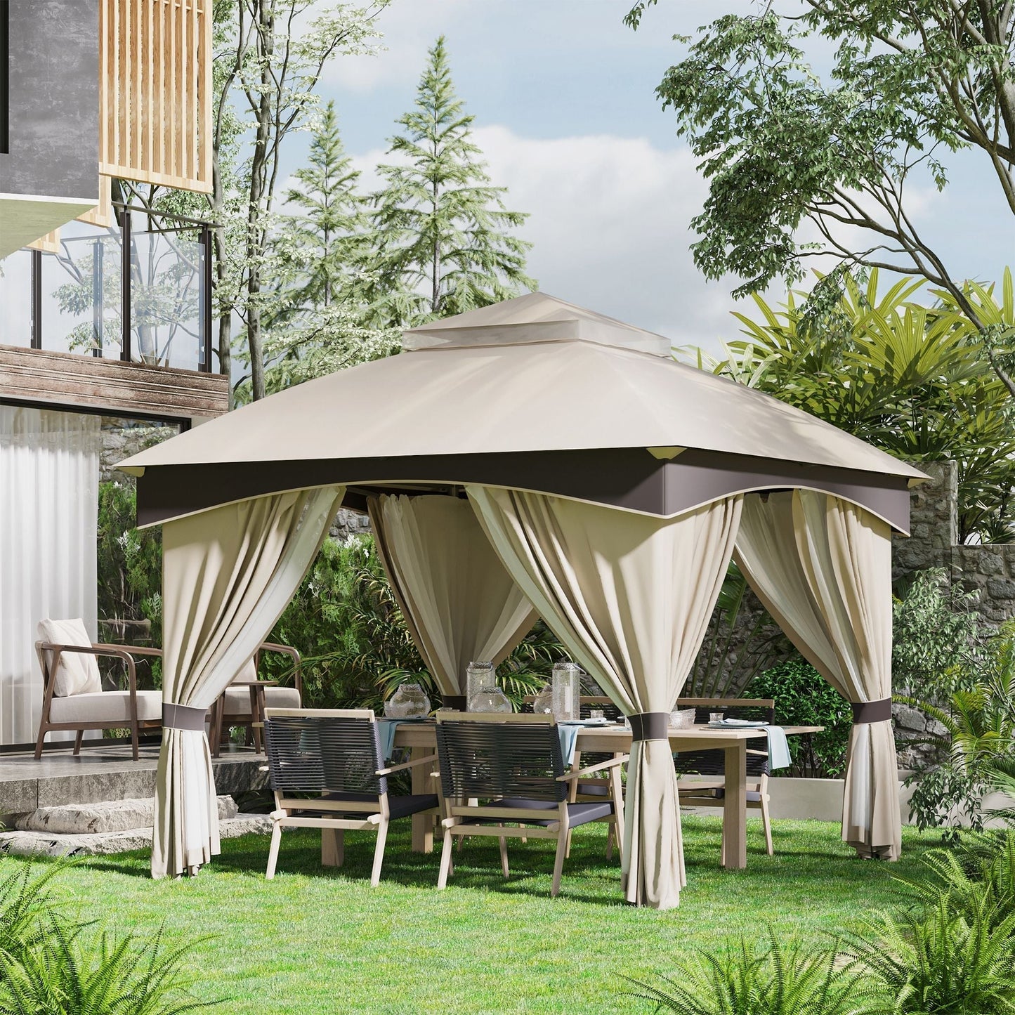 3x3m Steel Garden Gazebo with Double Roof and Curtains, Beige and Grey