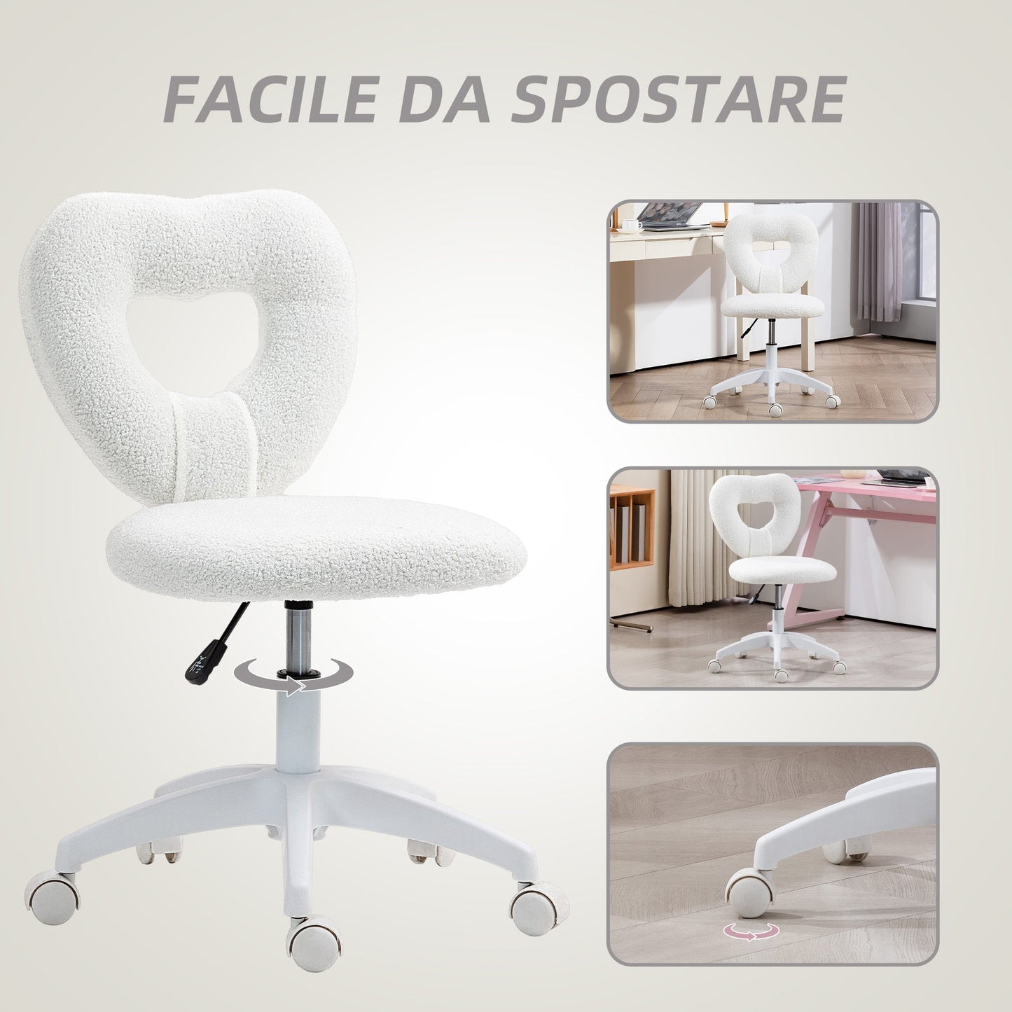 Padded Office Chair with Heart-Shaped Backrest and Wheels, in Teddy Velvet and Plastic, 45x56x78-88 cm, White