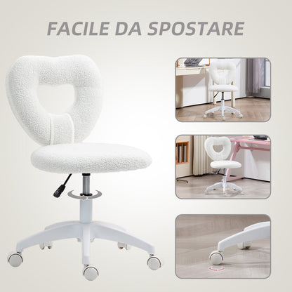 Padded Office Chair with Heart-Shaped Backrest and Wheels, in Teddy Velvet and Plastic, 45x56x78-88 cm, White