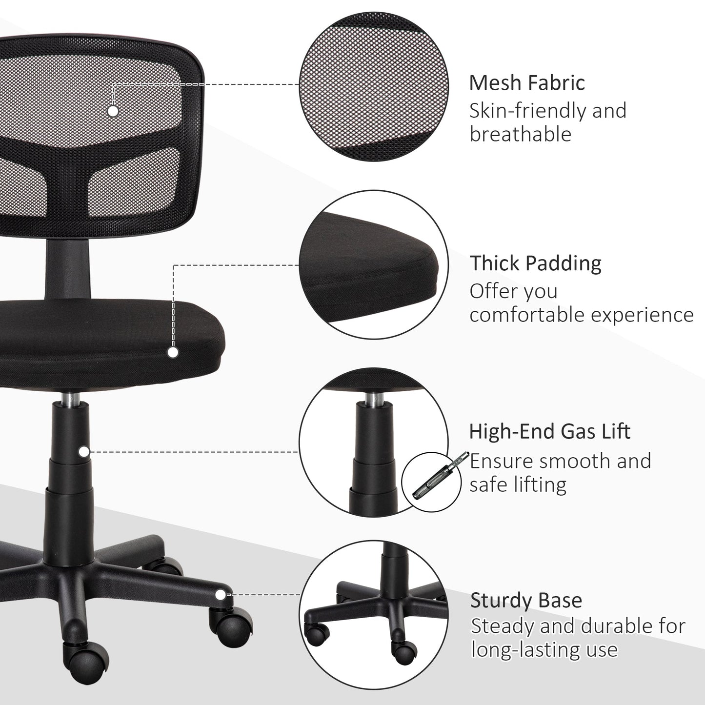 Ergonomic Mesh Office Chair Without Armrests and Height Adjustable, Black