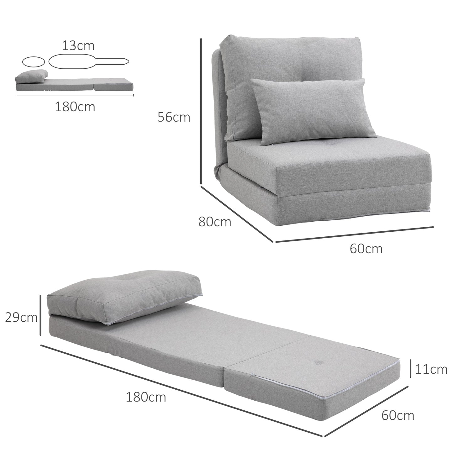 3-in-1 Sofa Bed, Convertible to a Chaise Longue and Floor Sofa with 2 Cushions, Light Grey