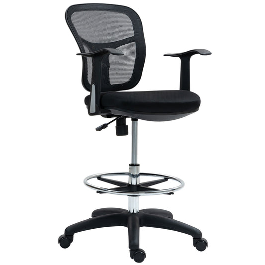 Swivel Chair with Footrest Ring and Curved Backrest, in Polyester, Foam and Plastic, 55x58x94 cm, Black