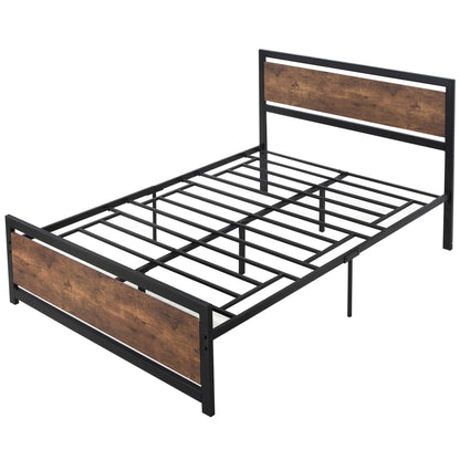 Queen Size Wooden and Steel Bed Frame with Industrial Style Slats, 140x200cm