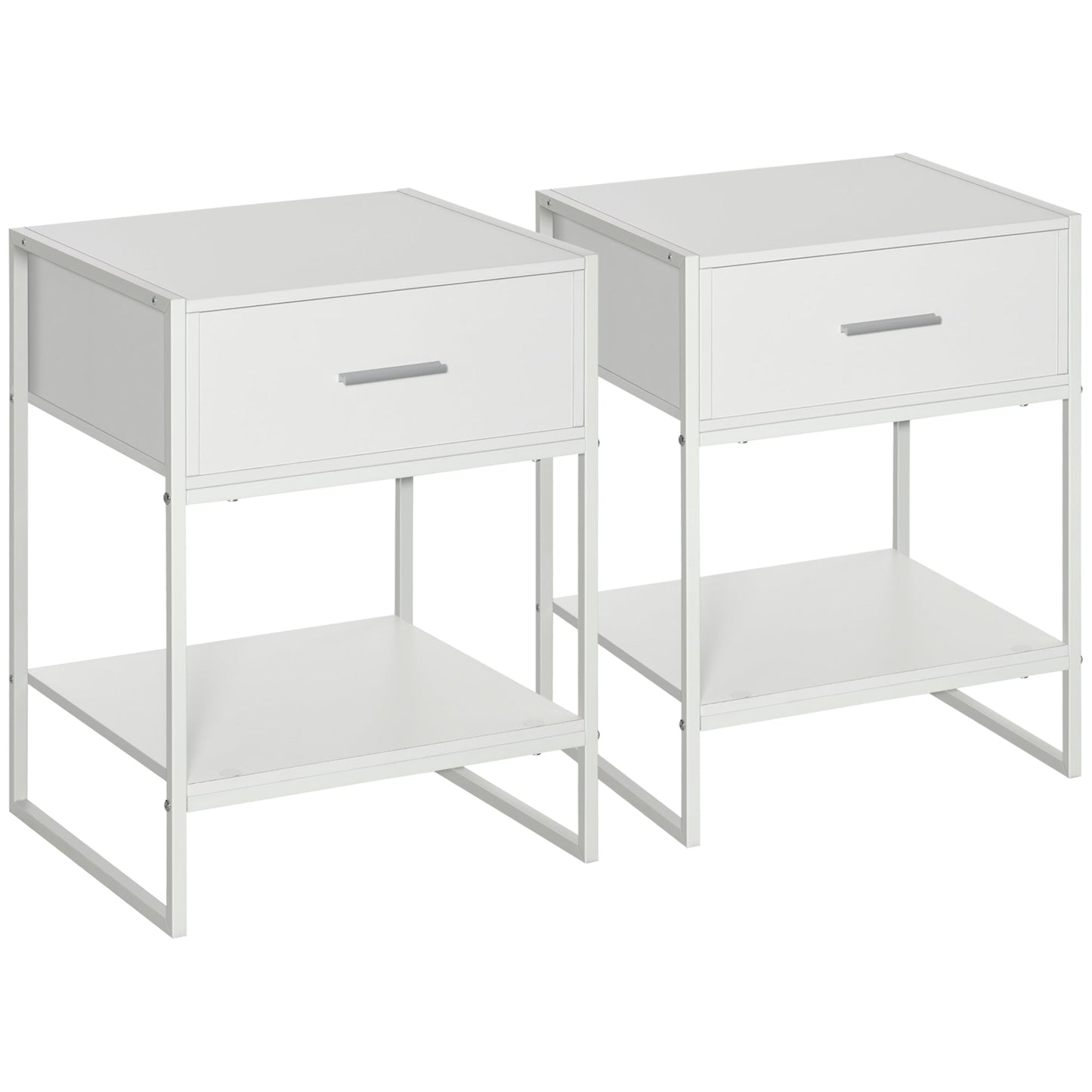 Set of 2 Modern Bedside Tables, 2 Nightstands for Bedroom and Living Room, with Drawer and Open Shelf, Modern Design, in MDF and Steel, 45x40x60cm, White