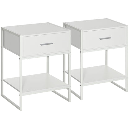 Set of 2 Modern Bedside Tables, 2 Nightstands for Bedroom and Living Room, with Drawer and Open Shelf, Modern Design, in MDF and Steel, 45x40x60cm, White
