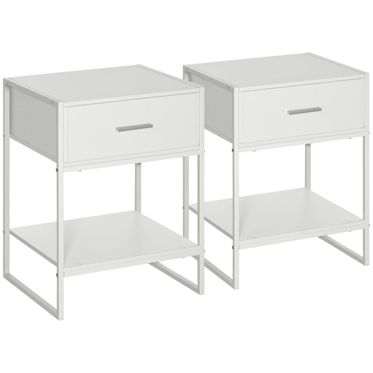 Set of 2 Modern Bedside Tables, 2 Nightstands for Bedroom and Living Room, with Drawer and Open Shelf, Modern Design, in MDF and Steel, 45x40x60cm, White