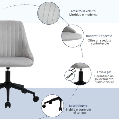 Grey Velvet Office Chair with Adjustable Height, Ergonomic 360° Swivel Chair with Wheels, 50x58x77-87cm