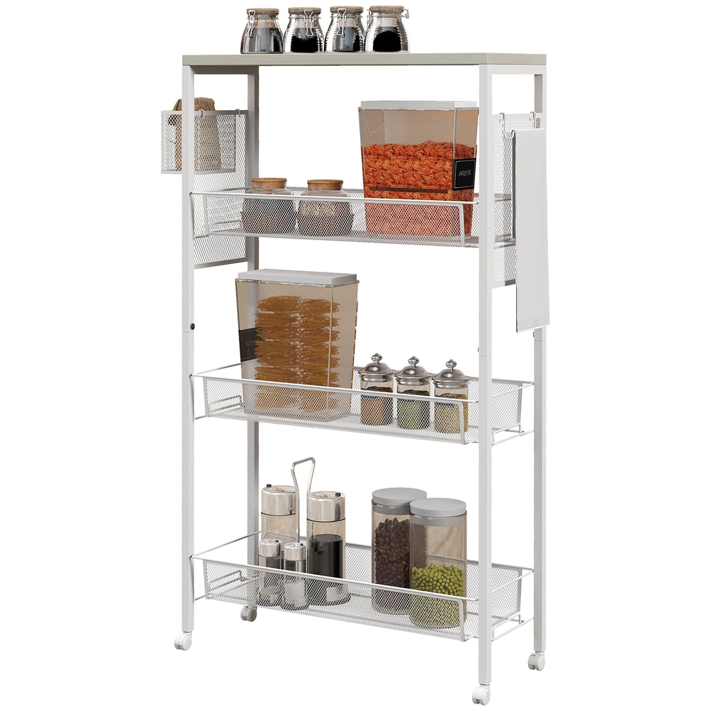 3-Tier Kitchen Trolley with Side Basket and Hook, Chipboard and Steel, 58x18.5x87 cm