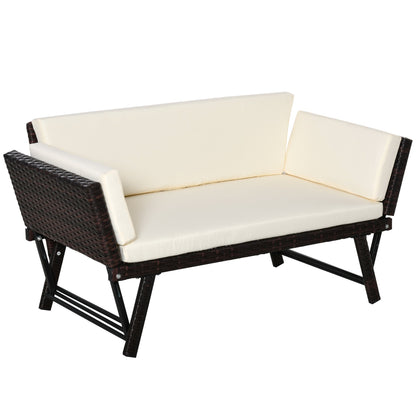 2 Seater Sofa with Extendable Armrests for Garden Rattan 129x63x67cm White, Brown