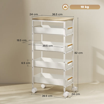 5-Tier Kitchen Cart with 4 Removable Baskets, Metal, PP and Wood, 39.5x24x82 cm, White and Oak