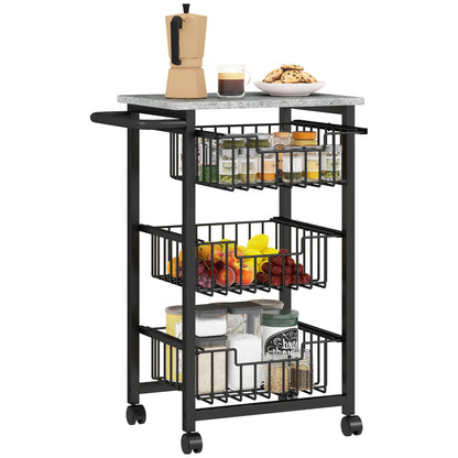 3-Basket Kitchen Trolley with Handle, Steel and Wood, 49.5x31x69 cm, Black and Light Grey