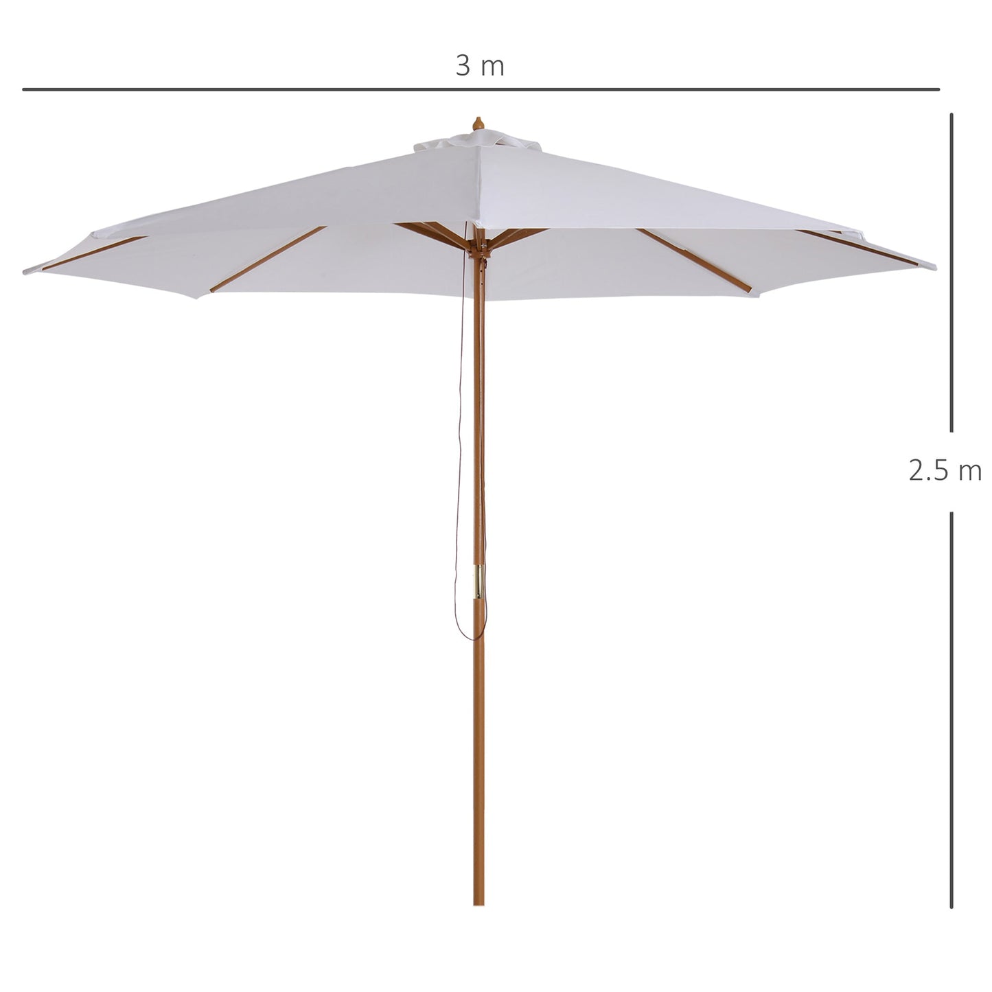 3x2.5 m Garden Umbrella with 8-Ribbed Wooden Pole, Made of Bamboo, Wood and Polyester, White