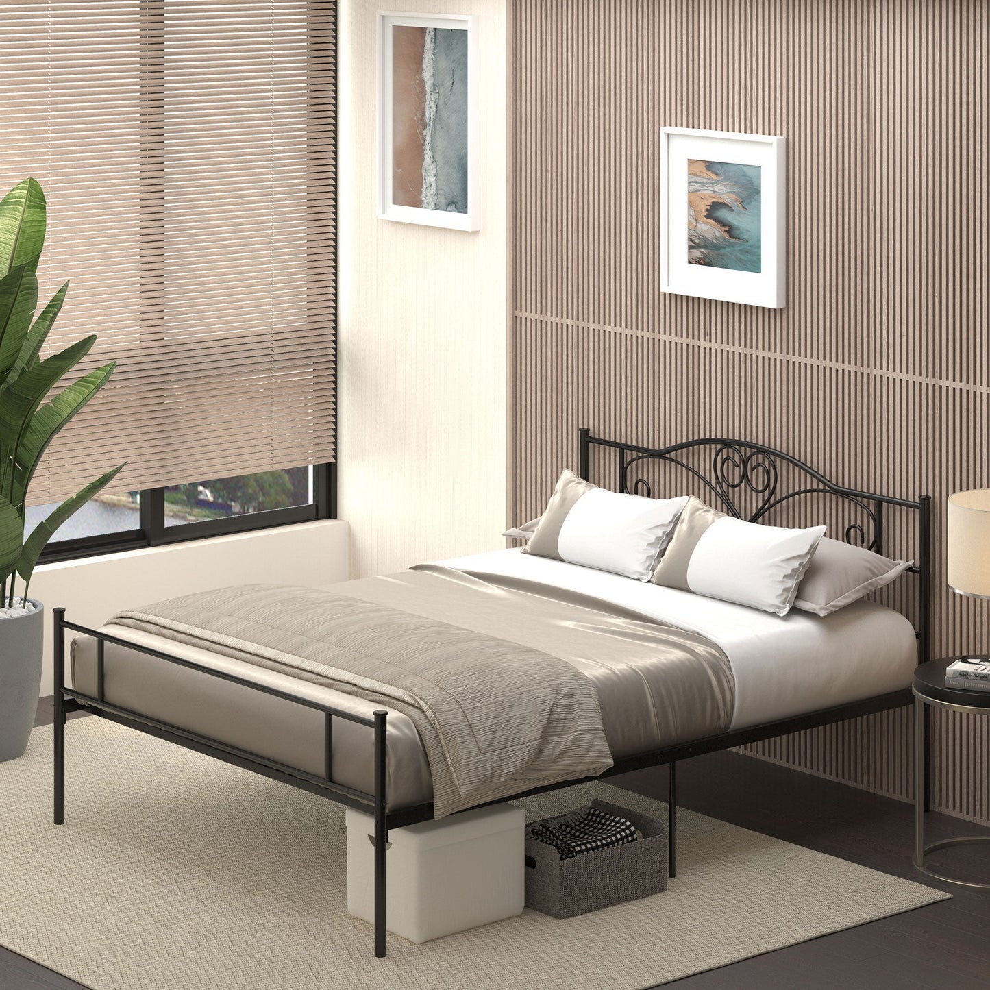 Queen Size Steel Bed Frame with Integrated Slats, Headboard and Footboard, 140x200cm