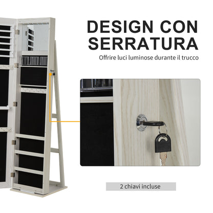 LED Jewellery Mirror with 4 Shelves and Storage Spaces, in Wood and Glass, 15x15x61.75 cm, White