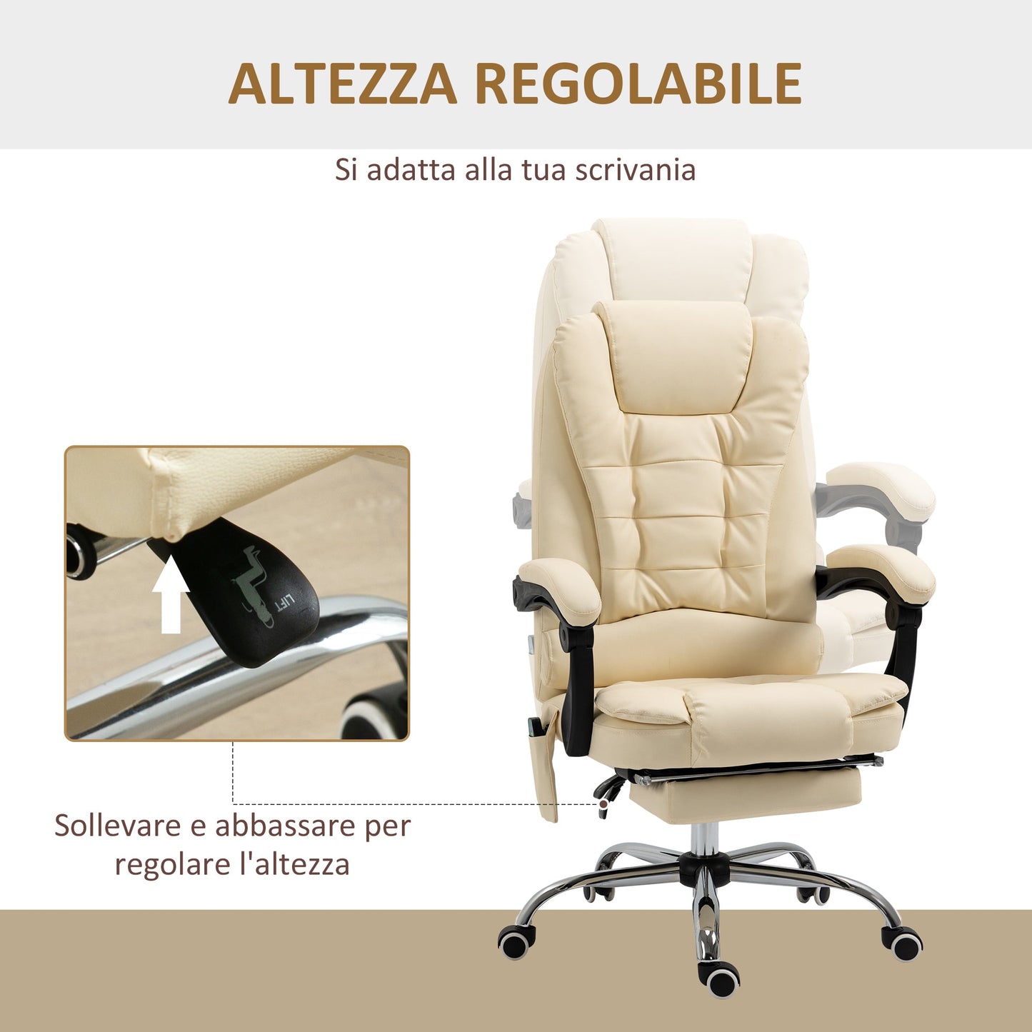 Ergonomic massant armchair winner at adjustable height with 6 vibrant points, 65x160x104 cm, cream