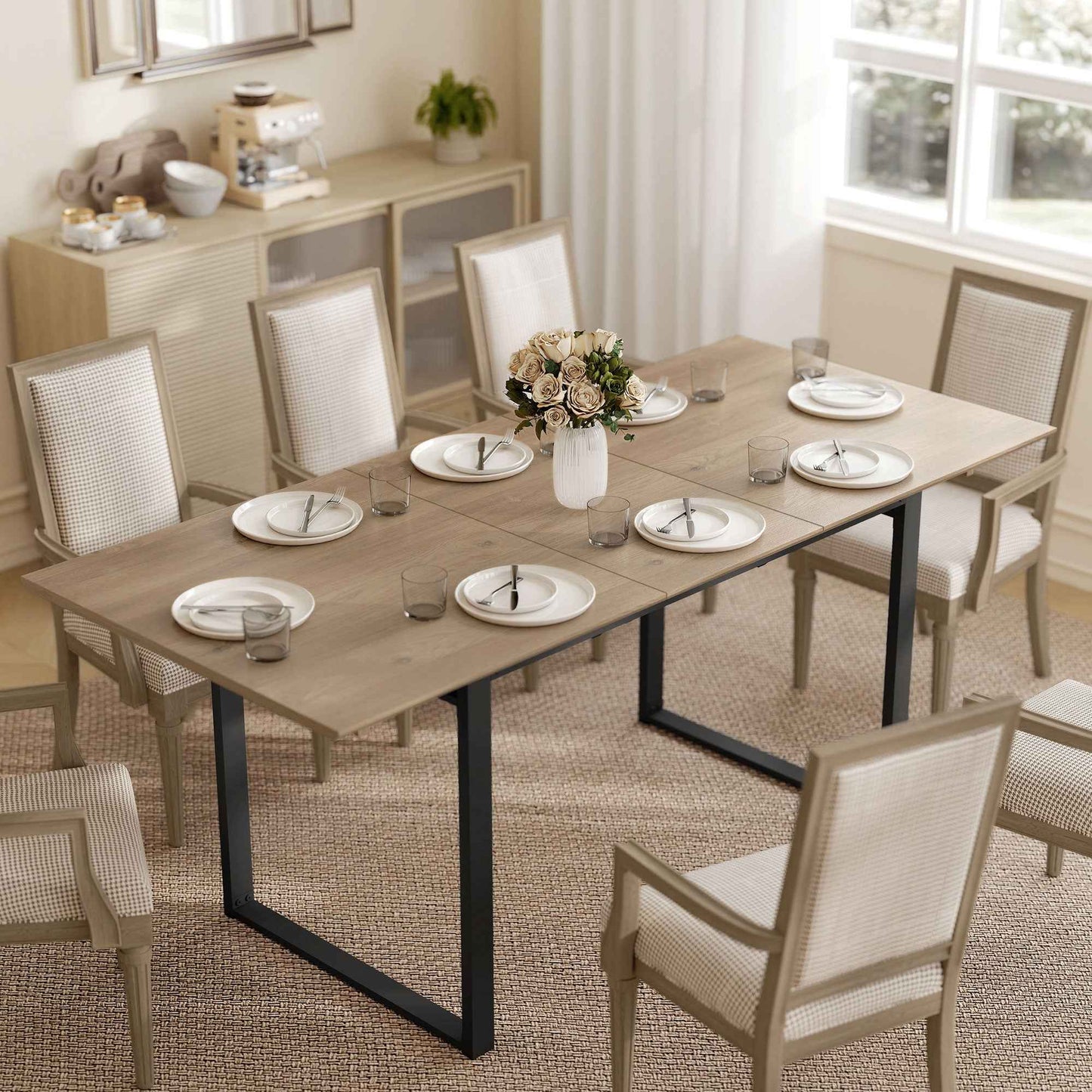 Industrial Dining Table for 6-8 People with Round Drop-Leaf Top, in Wood and Steel, 180x80x75 cm