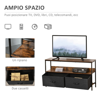 47" TV Stand with Folding Fabric Drawers and Shelf, Metal and MDF TV Cabinet, 98x29x56cm, Rustic Brown