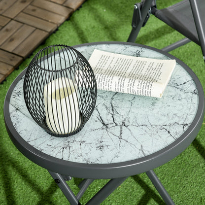 Folding Garden Coffee Table with Marble Effect Glass Top, Ø45x50cm, Grey