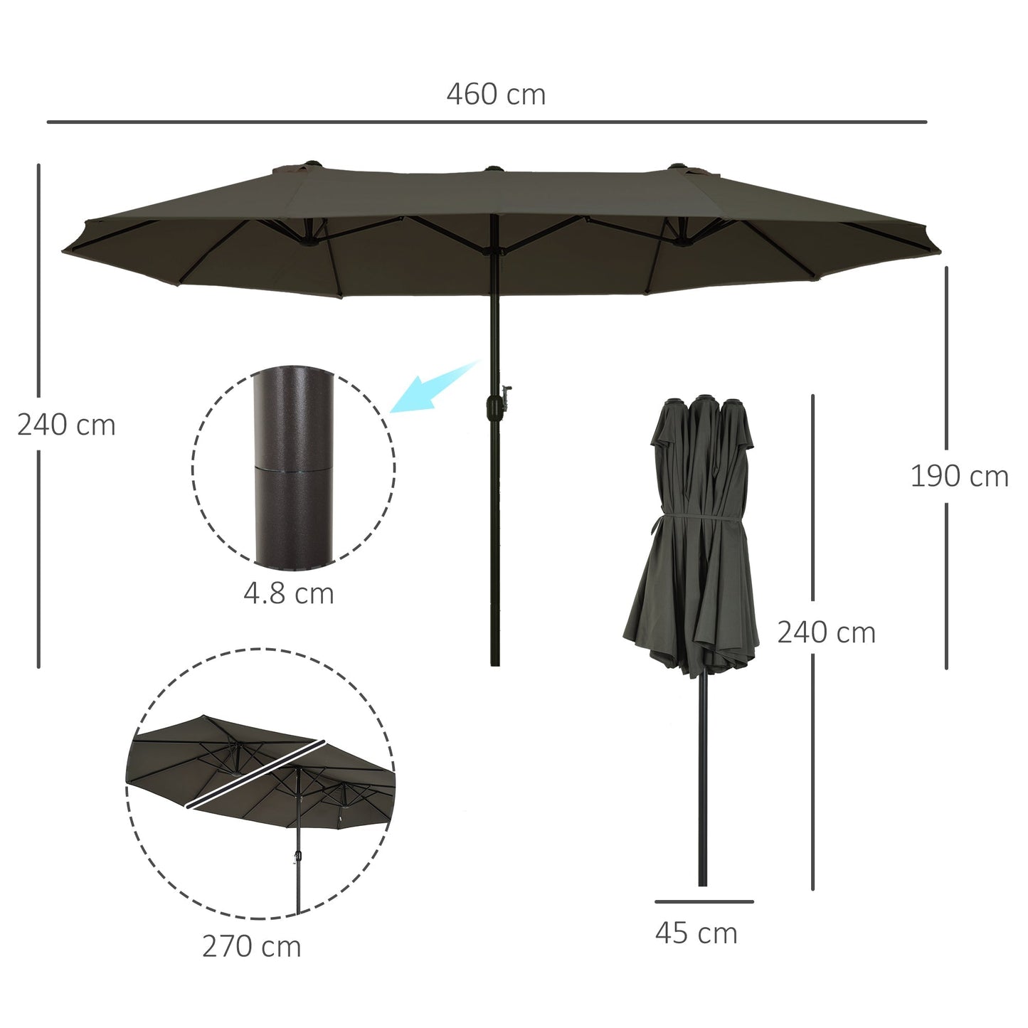 Grey Double Garden Umbrella | 4.6 x 2.4m