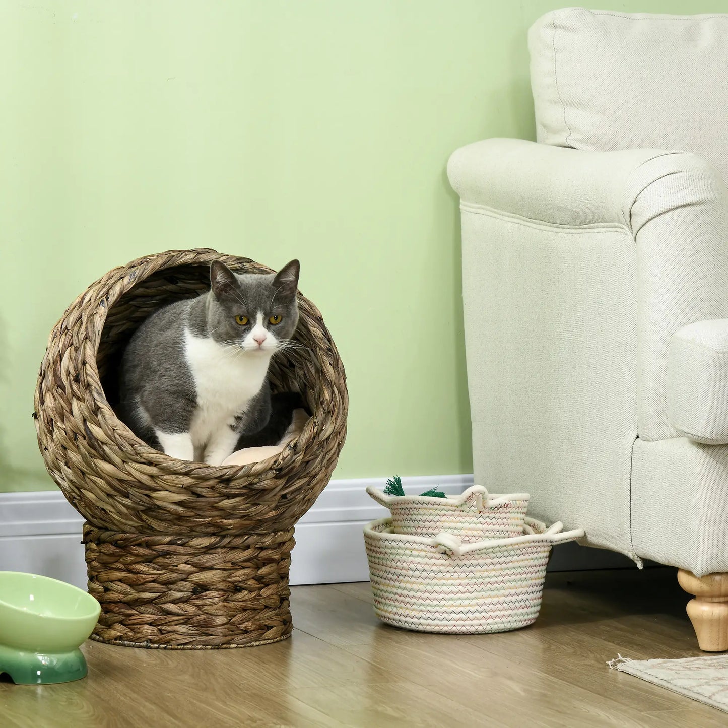 Raised Cat Bed with Cushion, Natural Banana Leaf House, Beige and Brown, 42x33x52cm